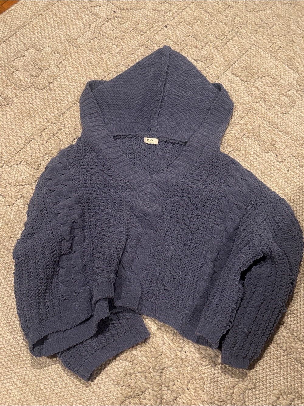 POL Navy V-Neck Hooded Cable Knit Sweater